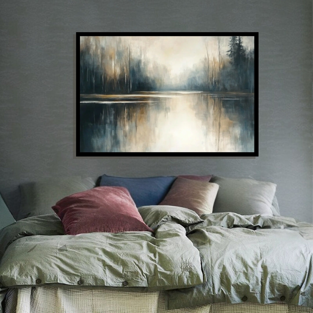 “Horizon Sync” by Sarah Lemaire – abstract riverbank painting with tree reflections and misty golden tones blending horizon and water in a tranquil landscape.