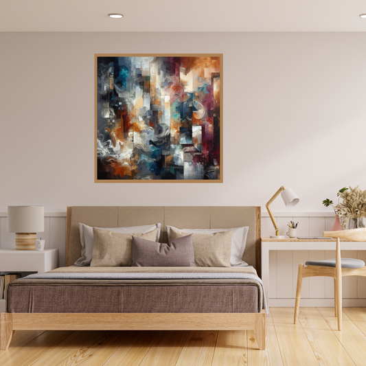 “Hues in Motion” by ArtixHub – abstract expressionist canvas wall art bursting with layered brushstrokes in yellow, teal, crimson, and soft gray, ideal for game rooms, studios, or creative office spaces. This energetic painting brings bold emotion and movement to UAE homes seeking vivid, contemporary statement pieces.
