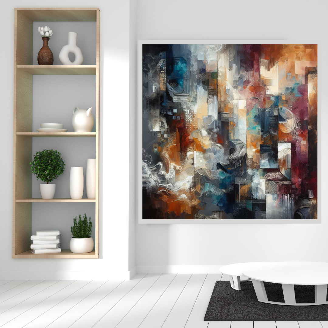 “Hues in Motion” by ArtixHub – abstract expressionist canvas wall art bursting with layered brushstrokes in yellow, teal, crimson, and soft gray, ideal for game rooms, studios, or creative office spaces. This energetic painting brings bold emotion and movement to UAE homes seeking vivid, contemporary statement pieces.
