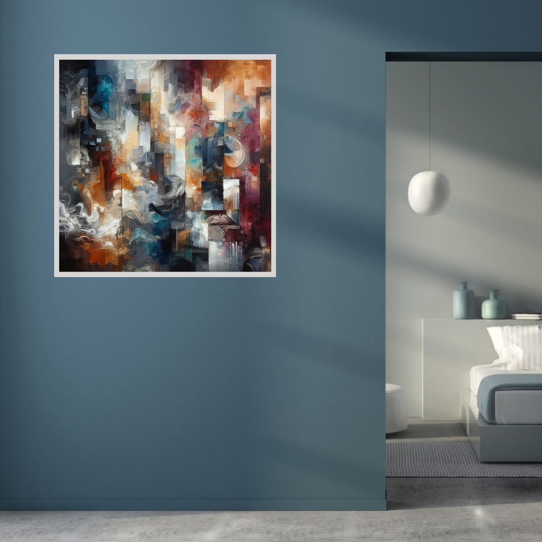 “Hues in Motion” by ArtixHub – abstract expressionist canvas wall art bursting with layered brushstrokes in yellow, teal, crimson, and soft gray, ideal for game rooms, studios, or creative office spaces. This energetic painting brings bold emotion and movement to UAE homes seeking vivid, contemporary statement pieces.