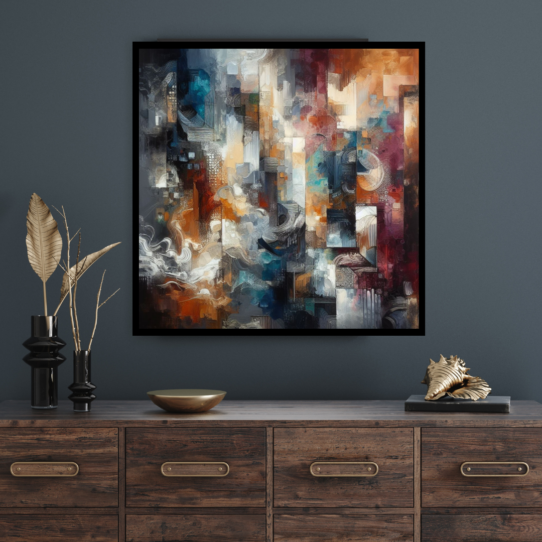 “Hues in Motion” by ArtixHub – abstract expressionist canvas wall art bursting with layered brushstrokes in yellow, teal, crimson, and soft gray, ideal for game rooms, studios, or creative office spaces. This energetic painting brings bold emotion and movement to UAE homes seeking vivid, contemporary statement pieces.