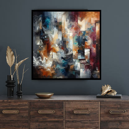 “Hues in Motion” by ArtixHub – abstract expressionist canvas wall art bursting with layered brushstrokes in yellow, teal, crimson, and soft gray, ideal for game rooms, studios, or creative office spaces. This energetic painting brings bold emotion and movement to UAE homes seeking vivid, contemporary statement pieces.