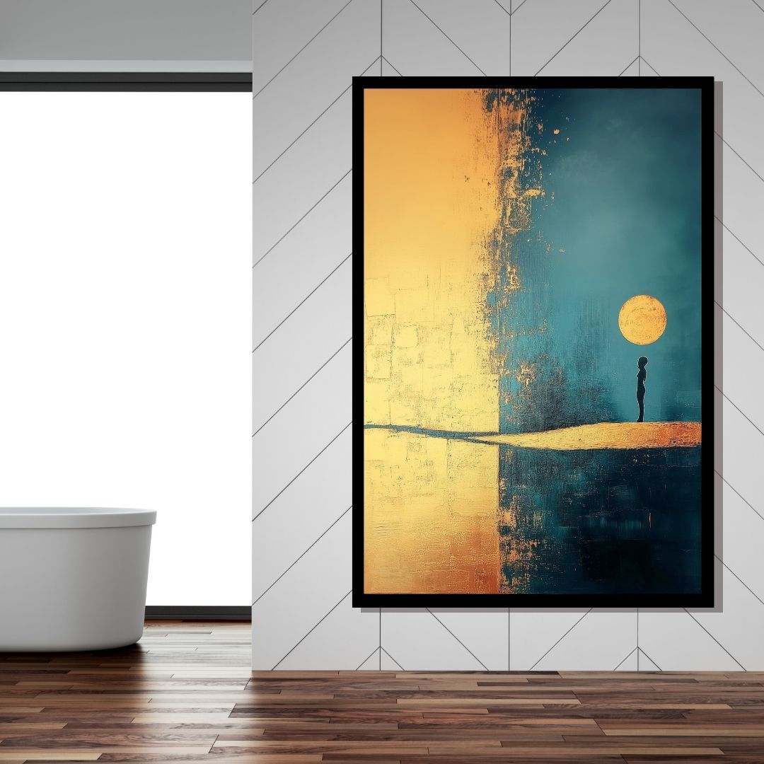 “Hush” by Valerii – minimalist surreal abstract canvas of a lone figure facing a golden sun, standing at the edge of shadow and silence. Limited edition available at www.artixhub.com