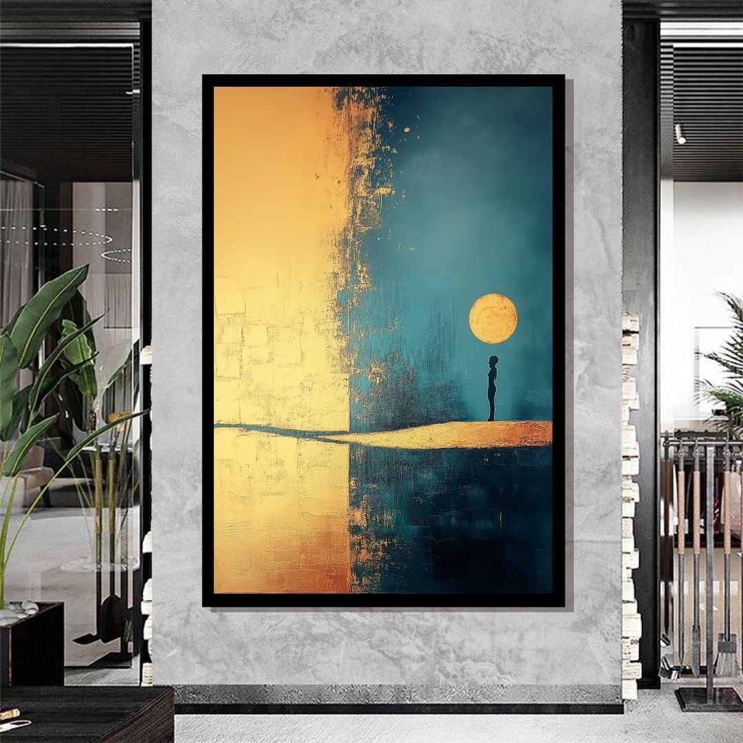 “Hush” by Valerii – minimalist surreal abstract canvas of a lone figure facing a golden sun, standing at the edge of shadow and silence. Limited edition available at www.artixhub.com