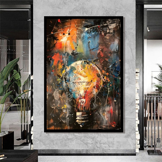 “Illuminated Thoughts” by ArtixHub – colorful abstract canvas wall art featuring a glowing lightbulb surrounded by energetic brushstrokes in red, yellow, teal, and white, ideal for studios, game rooms, or offices. This electric piece captures a spark of inspiration, perfect for UAE homes that celebrate creativity and bold expression.