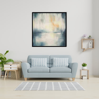 “Inland Glow” by Sarah Lemaire – abstract landscape with soft blue, amber, and cream tones suggesting glowing water reflections in a serene style.