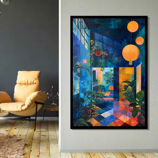 “Jungle Retreat” by ArtixHub – botanical canvas wall art featuring indoor greenery, pendant lighting, and a cozy hippy-style setting in earthy greens and soft neutrals, ideal for studios, wellness spaces, or reading nooks. A relaxing and bohemian piece that brings organic warmth and nature-inspired calm to UAE homes.