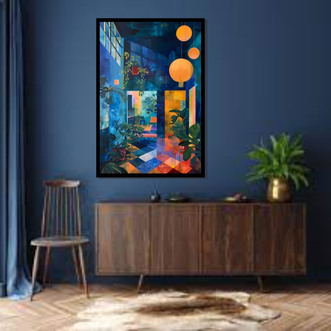 “Jungle Retreat” by ArtixHub – botanical canvas wall art featuring indoor greenery, pendant lighting, and a cozy hippy-style setting in earthy greens and soft neutrals, ideal for studios, wellness spaces, or reading nooks. A relaxing and bohemian piece that brings organic warmth and nature-inspired calm to UAE homes.