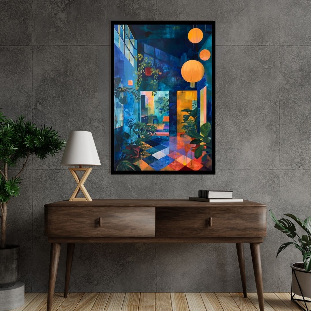 “Jungle Retreat” by ArtixHub – botanical canvas wall art featuring indoor greenery, pendant lighting, and a cozy hippy-style setting in earthy greens and soft neutrals, ideal for studios, wellness spaces, or reading nooks. A relaxing and bohemian piece that brings organic warmth and nature-inspired calm to UAE homes.