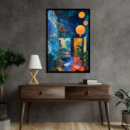 “Jungle Retreat” by ArtixHub – botanical canvas wall art featuring indoor greenery, pendant lighting, and a cozy hippy-style setting in earthy greens and soft neutrals, ideal for studios, wellness spaces, or reading nooks. A relaxing and bohemian piece that brings organic warmth and nature-inspired calm to UAE homes.