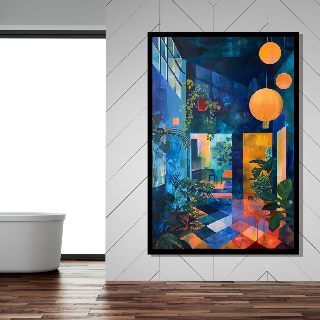 “Jungle Retreat” by ArtixHub – botanical canvas wall art featuring indoor greenery, pendant lighting, and a cozy hippy-style setting in earthy greens and soft neutrals, ideal for studios, wellness spaces, or reading nooks. A relaxing and bohemian piece that brings organic warmth and nature-inspired calm to UAE homes.