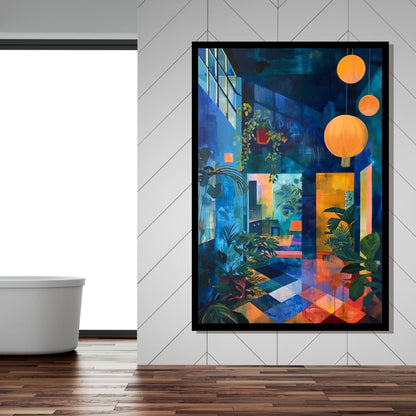 “Jungle Retreat” by ArtixHub – botanical canvas wall art featuring indoor greenery, pendant lighting, and a cozy hippy-style setting in earthy greens and soft neutrals, ideal for studios, wellness spaces, or reading nooks. A relaxing and bohemian piece that brings organic warmth and nature-inspired calm to UAE homes.