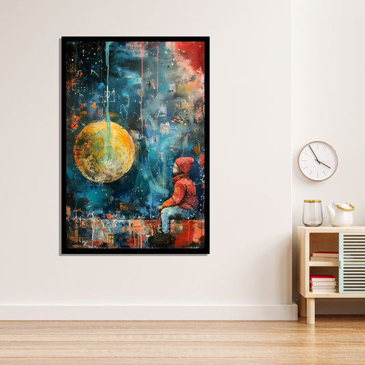 “Little Dreamer” by ArtixHub – figurative canvas wall art featuring a child gazing at the sky beneath a glowing moon, with soft purples, blues, and neutral tones, ideal for kids’ rooms, reading nooks, or wellness spaces. A poetic and imaginative piece that inspires wonder and reflection, perfect for UAE homes with dreamy, thoughtful interiors.