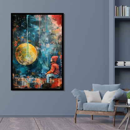 “Little Dreamer” by ArtixHub – figurative canvas wall art featuring a child gazing at the sky beneath a glowing moon, with soft purples, blues, and neutral tones, ideal for kids’ rooms, reading nooks, or wellness spaces. A poetic and imaginative piece that inspires wonder and reflection, perfect for UAE homes with dreamy, thoughtful interiors.