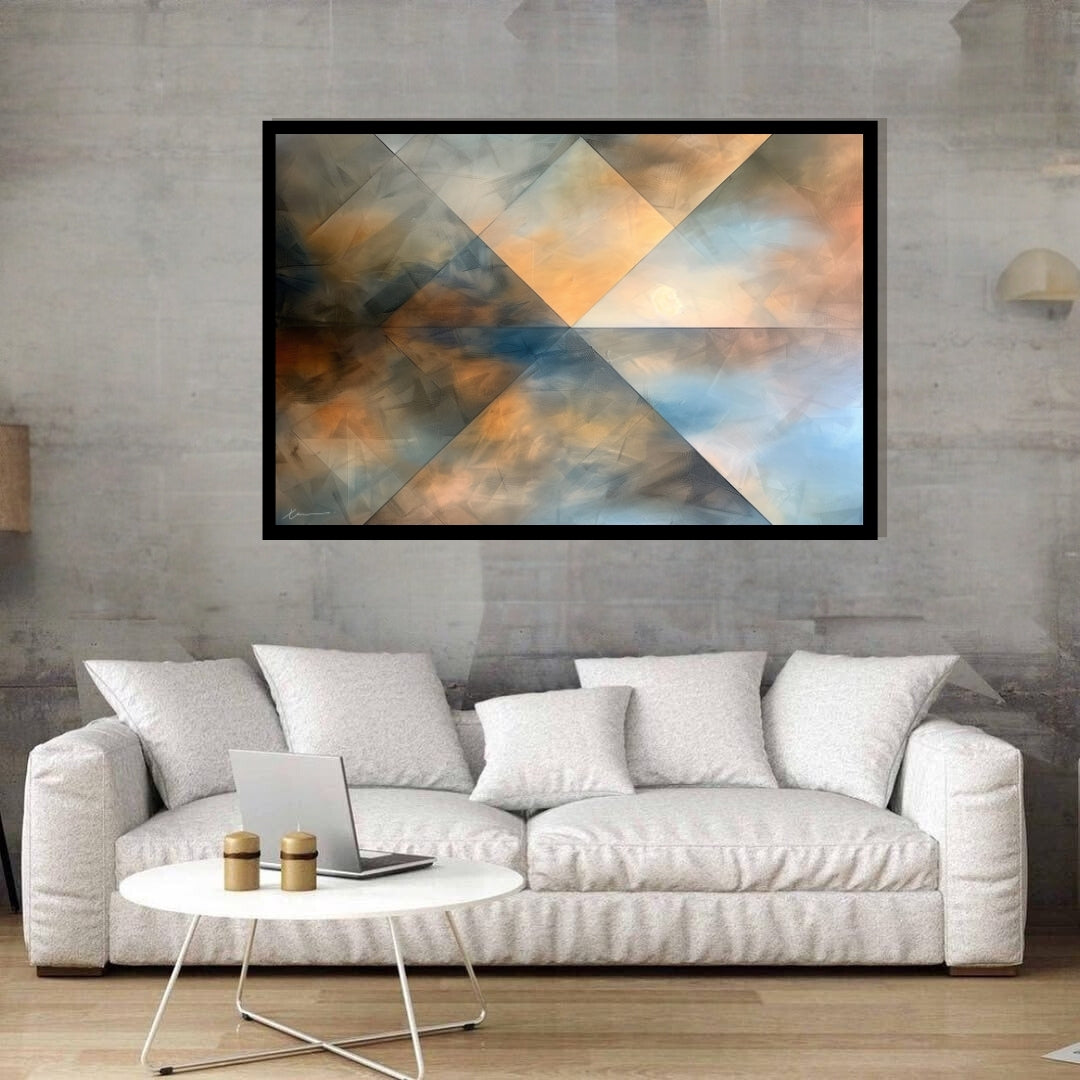 “Lost Horizon” by Xennoir – abstract minimalist painting in soft blue, beige, and muted brown tones, symbolizing memory, emotion, and introspection.