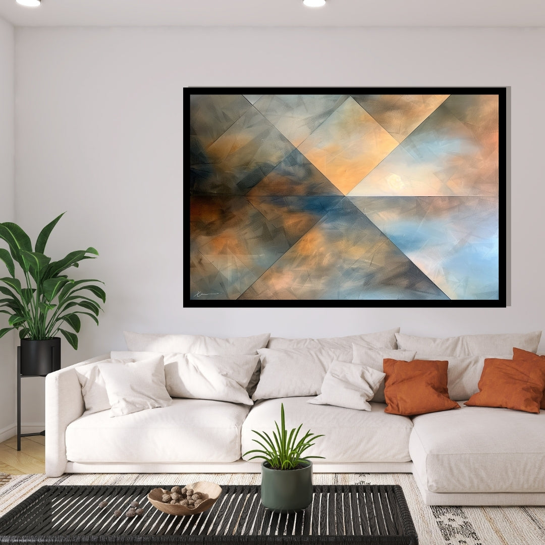 “Lost Horizon” by Xennoir – abstract minimalist painting in soft blue, beige, and muted brown tones, symbolizing memory, emotion, and introspection.