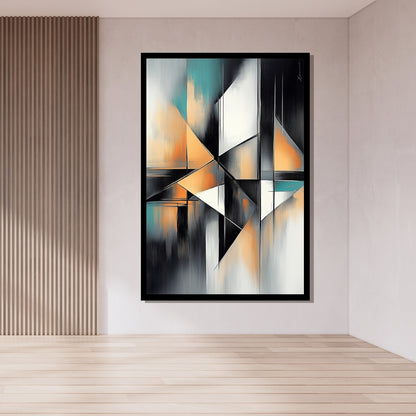 “Lost in Thoughts” by Xennoir – abstract geometric painting in teal, black, white, and orange tones, symbolizing mental fragmentation and introspection.