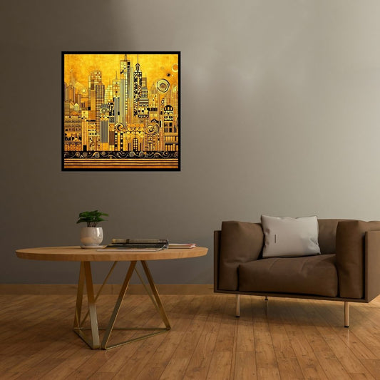 “Luminous Metropolis” by ArtixHub – abstract canvas wall art featuring a radiant skyline in deep navy, ivory, and glowing golden tones, ideal for offices, lounge areas, or modern entryways. This atmospheric cityscape adds urban elegance and nighttime energy to UAE homes seeking refined, metropolitan flair.