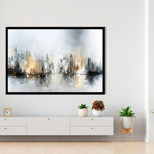 “Metropolitan Haze” by ArtixHub – abstract canvas wall art featuring a layered city skyline in white, black, and brushed gold tones, ideal for offices, entryways, or lounge spaces. This expressive cityscape blends elegance and structure, making it a refined urban statement for UAE homes with modern and metropolitan taste.