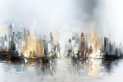 “Metropolitan Haze” by ArtixHub – abstract canvas wall art featuring a layered city skyline in white, black, and brushed gold tones, ideal for offices, entryways, or lounge spaces. This expressive cityscape blends elegance and structure, making it a refined urban statement for UAE homes with modern and metropolitan taste.