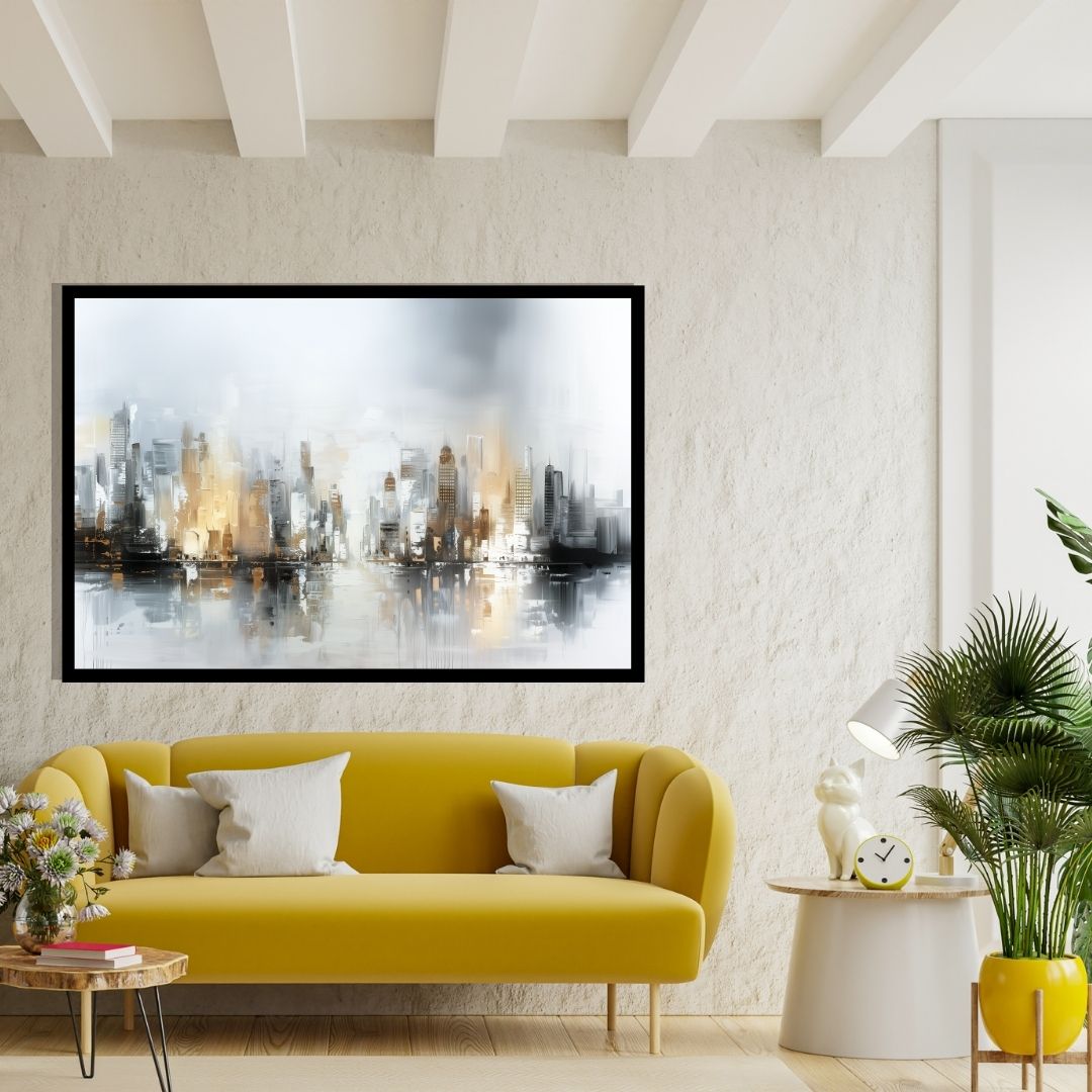 “Metropolitan Haze” by ArtixHub – abstract canvas wall art featuring a layered city skyline in white, black, and brushed gold tones, ideal for offices, entryways, or lounge spaces. This expressive cityscape blends elegance and structure, making it a refined urban statement for UAE homes with modern and metropolitan taste.