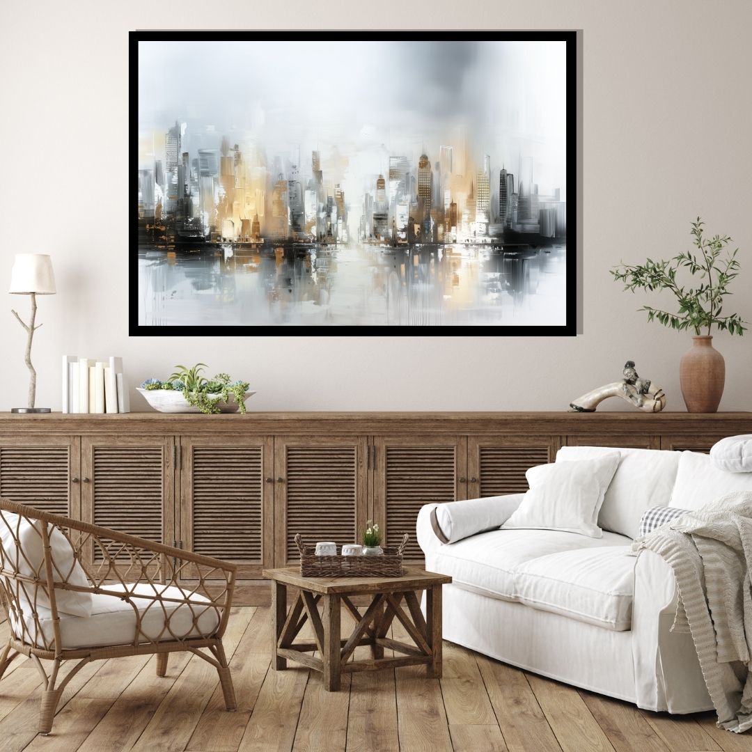 “Metropolitan Haze” by ArtixHub – abstract canvas wall art featuring a layered city skyline in white, black, and brushed gold tones, ideal for offices, entryways, or lounge spaces. This expressive cityscape blends elegance and structure, making it a refined urban statement for UAE homes with modern and metropolitan taste.