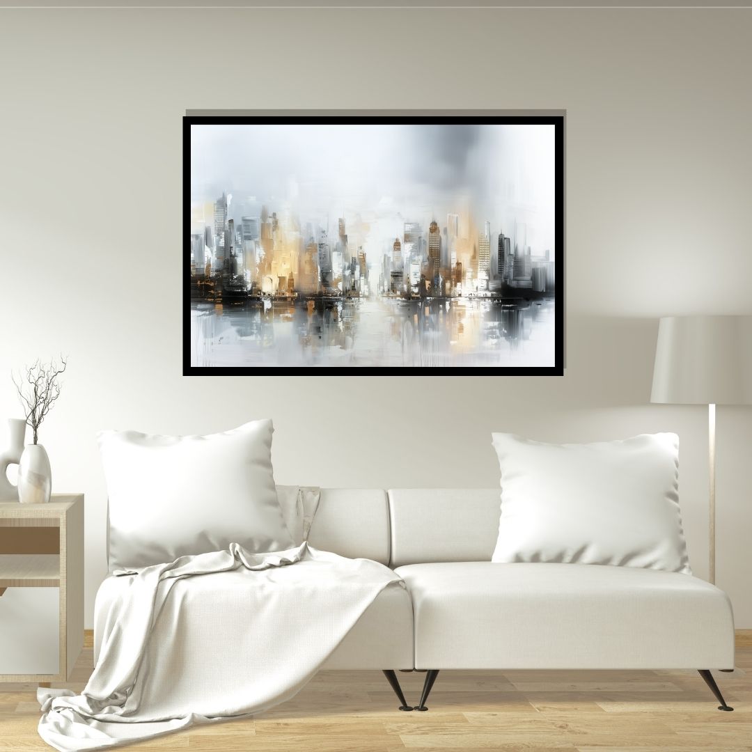 “Metropolitan Haze” by ArtixHub – abstract canvas wall art featuring a layered city skyline in white, black, and brushed gold tones, ideal for offices, entryways, or lounge spaces. This expressive cityscape blends elegance and structure, making it a refined urban statement for UAE homes with modern and metropolitan taste.
