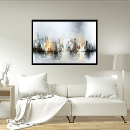“Metropolitan Haze” by ArtixHub – abstract canvas wall art featuring a layered city skyline in white, black, and brushed gold tones, ideal for offices, entryways, or lounge spaces. This expressive cityscape blends elegance and structure, making it a refined urban statement for UAE homes with modern and metropolitan taste.