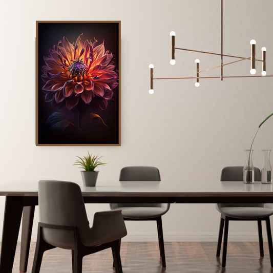 “Midnight Bloom” by ArtixHub – expressive canvas wall art showcasing a dramatic floral bloom in bold red and pink against deep navy and black, ideal for bedrooms, dressing rooms, or wellness spaces. This moody and romantic composition adds artistic drama and elegance to UAE homes with a love for vivid floral expression.