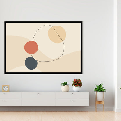 “Mirela” by Clara Moret – minimalist abstract wall art with terracotta, charcoal, and pale beige shapes on a soft neutral background.