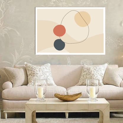 “Mirela” by Clara Moret – minimalist abstract wall art with terracotta, charcoal, and pale beige shapes on a soft neutral background.
