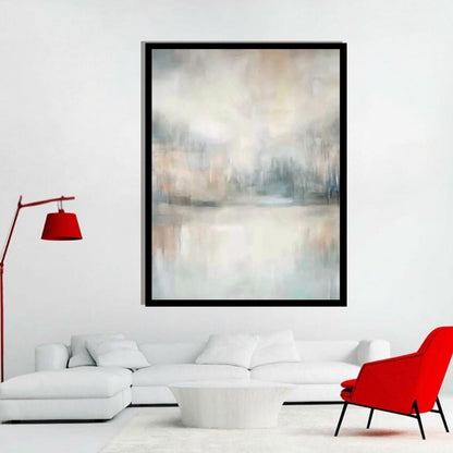 “Mistlit River” by Sarah Lemaire – abstract painting in ivory, grey, and blush tones, inspired by a foggy river landscape at dawn.