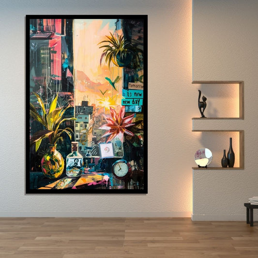 “Misty Realms” by ArtixHub – surreal canvas wall art depicting a quiet morning room scene with a clock, soft plants, and gentle sunrise light in muted tones, ideal for reading nooks, bedrooms, or wellness areas. This calming piece blends time, space, and serenity, perfect for UAE homes seeking poetic stillness in modern interiors.