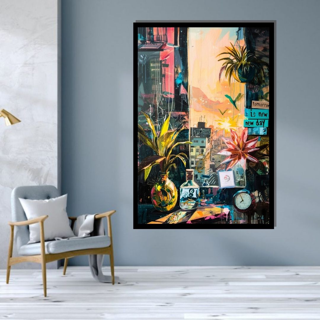 “Misty Realms” by ArtixHub – surreal canvas wall art depicting a quiet morning room scene with a clock, soft plants, and gentle sunrise light in muted tones, ideal for reading nooks, bedrooms, or wellness areas. This calming piece blends time, space, and serenity, perfect for UAE homes seeking poetic stillness in modern interiors.