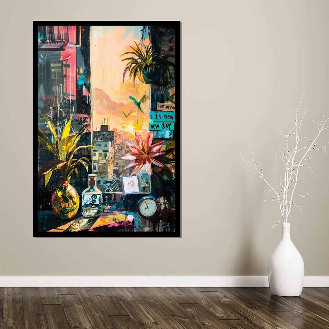 “Misty Realms” by ArtixHub – surreal canvas wall art depicting a quiet morning room scene with a clock, soft plants, and gentle sunrise light in muted tones, ideal for reading nooks, bedrooms, or wellness areas. This calming piece blends time, space, and serenity, perfect for UAE homes seeking poetic stillness in modern interiors.
