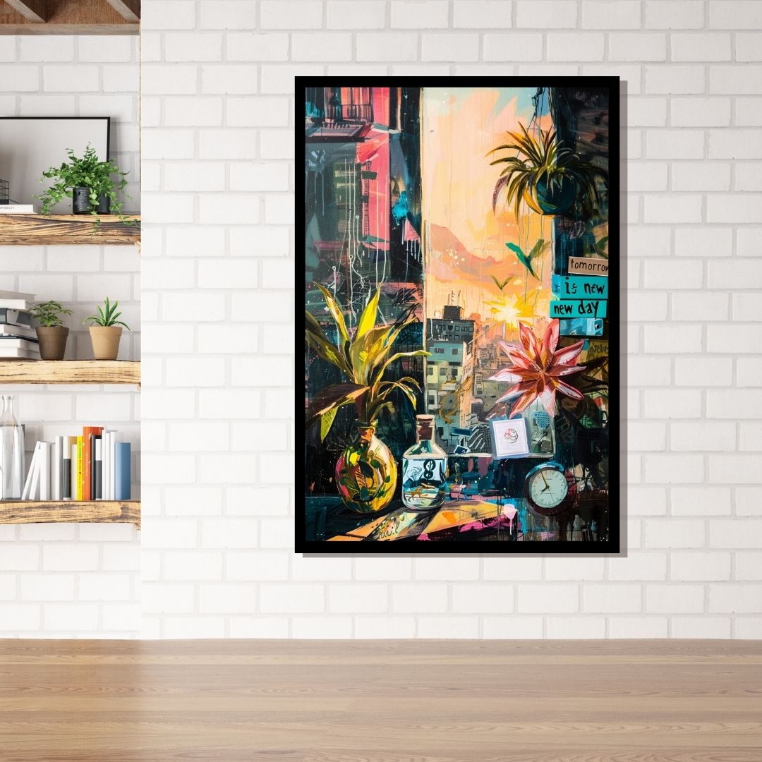 “Misty Realms” by ArtixHub – surreal canvas wall art depicting a quiet morning room scene with a clock, soft plants, and gentle sunrise light in muted tones, ideal for reading nooks, bedrooms, or wellness areas. This calming piece blends time, space, and serenity, perfect for UAE homes seeking poetic stillness in modern interiors.