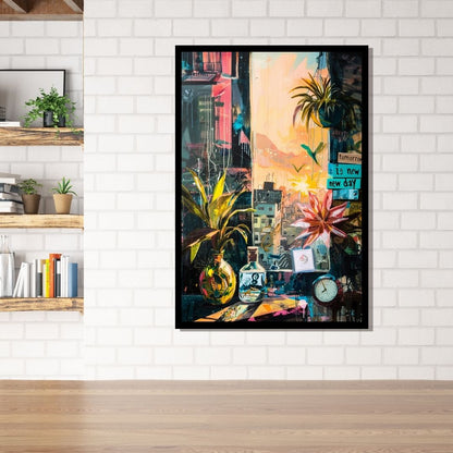 “Misty Realms” by ArtixHub – surreal canvas wall art depicting a quiet morning room scene with a clock, soft plants, and gentle sunrise light in muted tones, ideal for reading nooks, bedrooms, or wellness areas. This calming piece blends time, space, and serenity, perfect for UAE homes seeking poetic stillness in modern interiors.