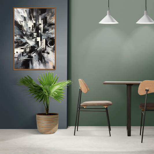 “Monochrome Marvel” by ArtixHub – minimalist canvas wall art in black, white, and gray tones, featuring bold brushwork and clean contrast, ideal for offices, entryways, or modern living rooms. This sleek monochrome piece adds sophistication and clarity to UAE homes with a contemporary design palette.