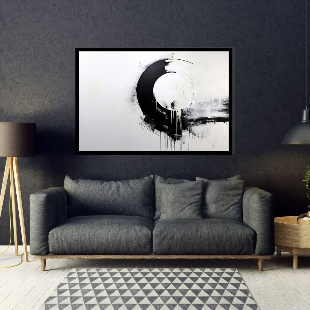 “Monochrome Orbit” by ArtixHub – geometric canvas wall art featuring intersecting black and white semicircles with balanced negative space, ideal for offices, studios, or entryways. A striking modern composition that adds symmetry and bold contrast to UAE homes with minimalist or design-forward interiors.