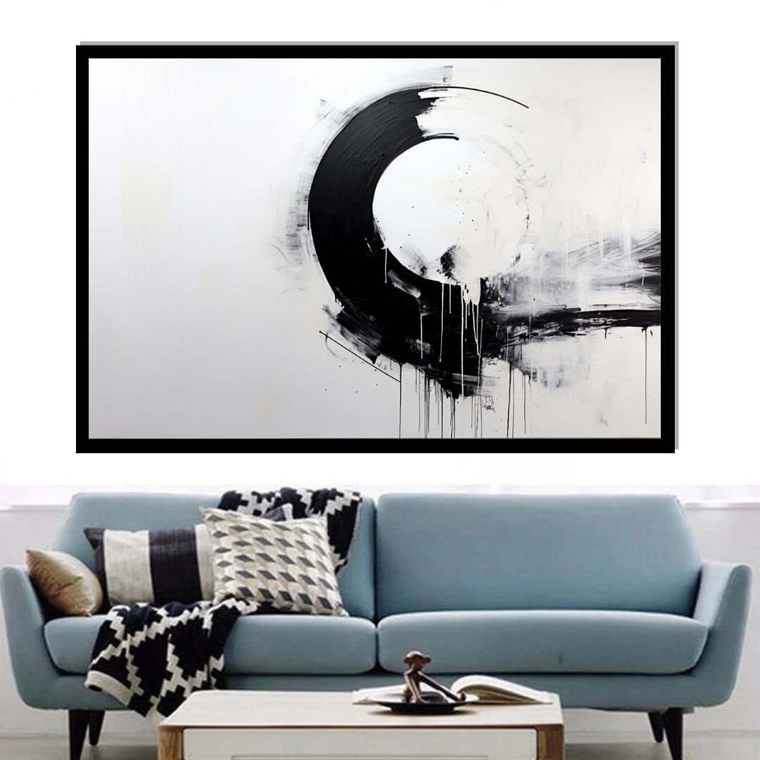 “Monochrome Orbit” by ArtixHub – geometric canvas wall art featuring intersecting black and white semicircles with balanced negative space, ideal for offices, studios, or entryways. A striking modern composition that adds symmetry and bold contrast to UAE homes with minimalist or design-forward interiors.