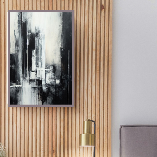 “Monochrome Vistas” by ArtixHub – abstract canvas wall art featuring layered mountain-like forms in black, white, and slate gray tones, ideal for offices, entryways, or reading nooks. This refined and serene piece adds depth and elegance to UAE homes with minimalist and monochrome interior palettes.