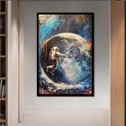 “Moondancer” by ArtixHub – surreal canvas wall art featuring an astronaut in a flowing robe swinging beneath a celestial moon in deep navy and soft white tones, ideal for kids' rooms, studios, or wellness spaces. This imaginative and poetic piece adds cosmic calm and whimsy to UAE homes with a love for fantasy and space.