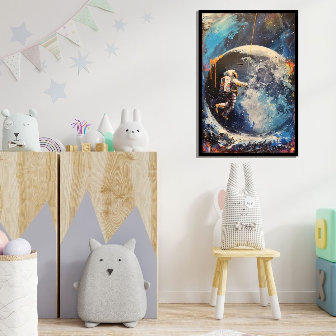 “Moondancer” by ArtixHub – surreal canvas wall art featuring an astronaut in a flowing robe swinging beneath a celestial moon in deep navy and soft white tones, ideal for kids' rooms, studios, or wellness spaces. This imaginative and poetic piece adds cosmic calm and whimsy to UAE homes with a love for fantasy and space.