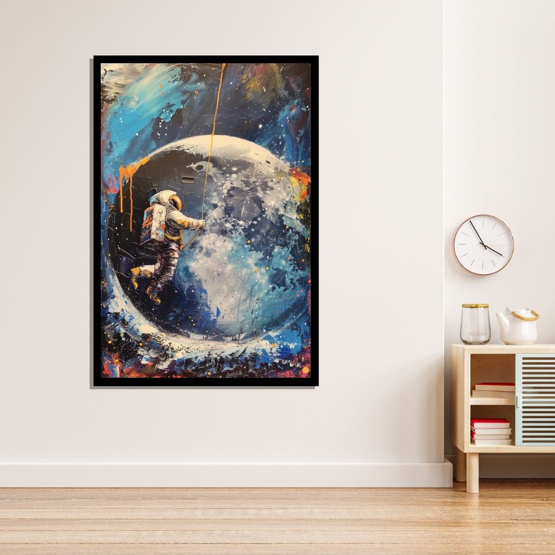 “Moondancer” by ArtixHub – surreal canvas wall art featuring an astronaut in a flowing robe swinging beneath a celestial moon in deep navy and soft white tones, ideal for kids' rooms, studios, or wellness spaces. This imaginative and poetic piece adds cosmic calm and whimsy to UAE homes with a love for fantasy and space.