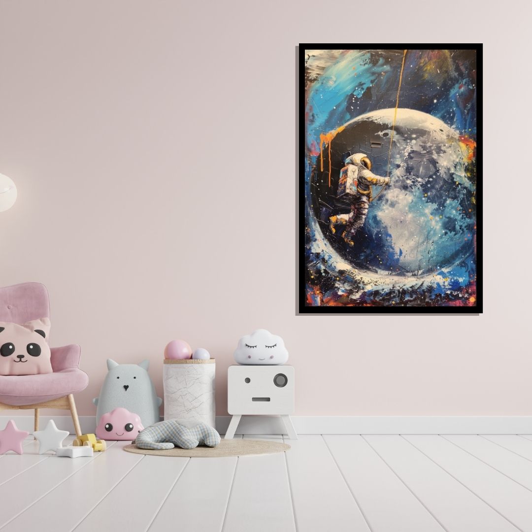 “Moondancer” by ArtixHub – surreal canvas wall art featuring an astronaut in a flowing robe swinging beneath a celestial moon in deep navy and soft white tones, ideal for kids' rooms, studios, or wellness spaces. This imaginative and poetic piece adds cosmic calm and whimsy to UAE homes with a love for fantasy and space.