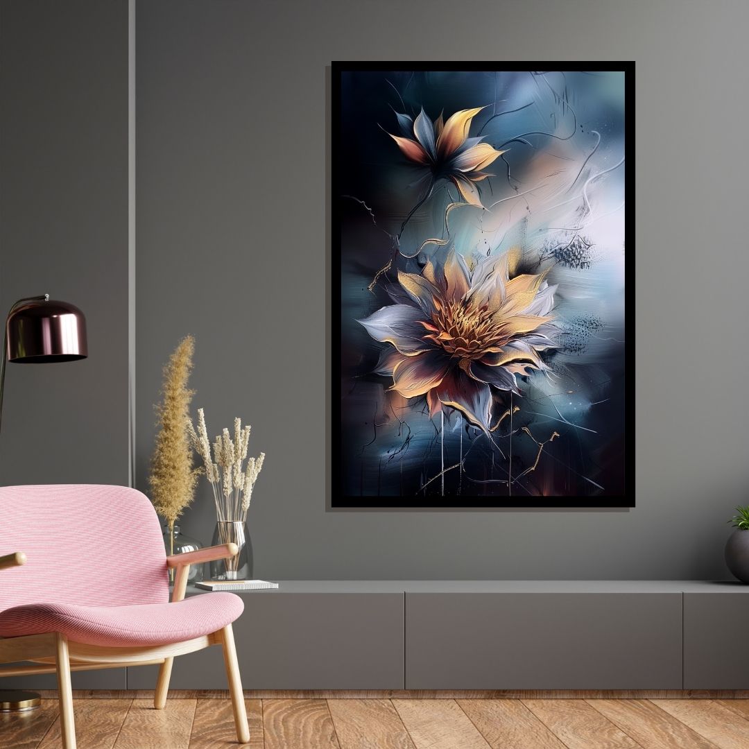 “Moonlit Blossom” by ArtixHub – expressive floral canvas wall art in rich orange, blue, and white hues, capturing a dramatic bloom against a moody night-toned background, ideal for bedrooms, wellness spaces, or reading nooks. This painterly piece brings emotion and depth to UAE homes through bold brushwork and floral beauty.
