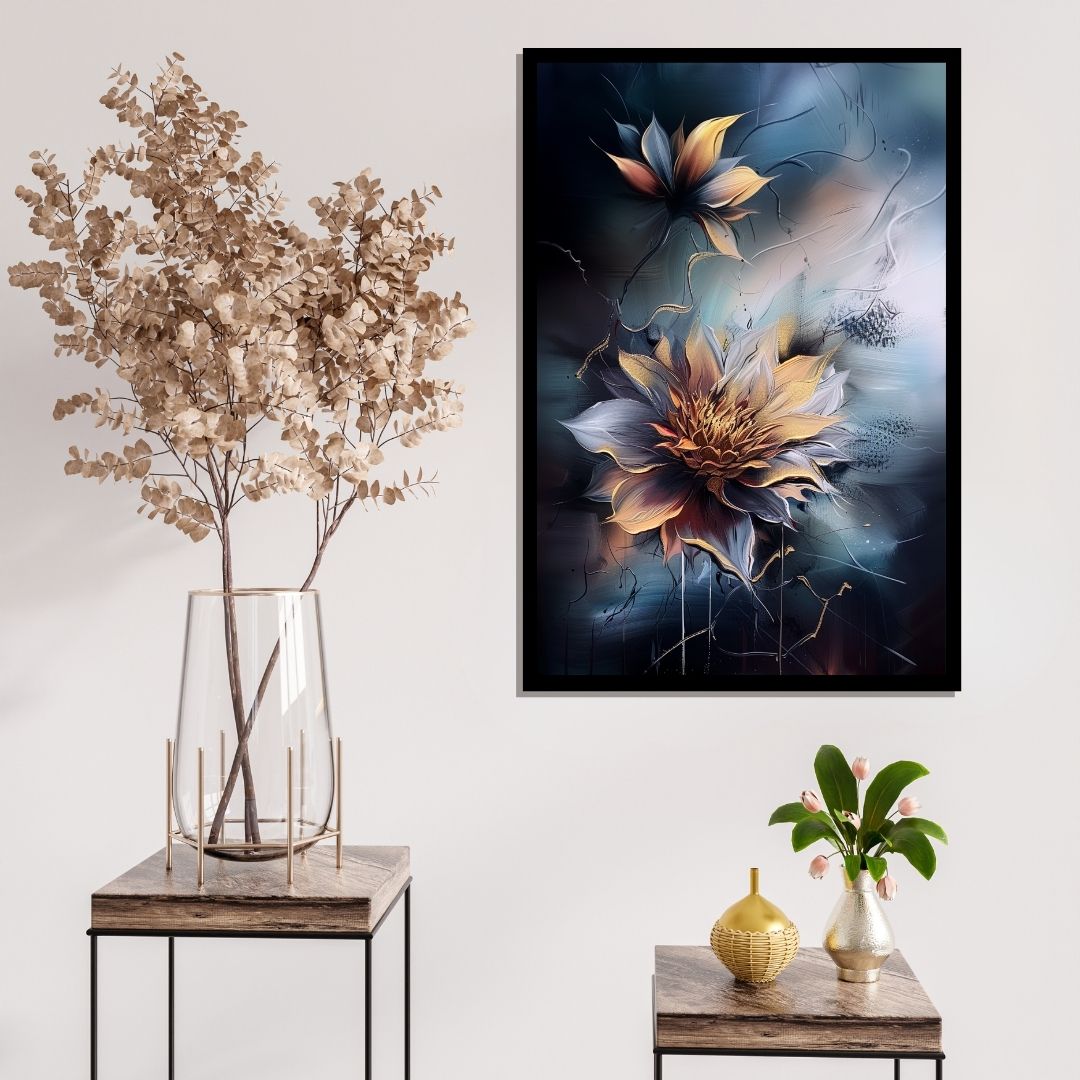 “Moonlit Blossom” by ArtixHub – expressive floral canvas wall art in rich orange, blue, and white hues, capturing a dramatic bloom against a moody night-toned background, ideal for bedrooms, wellness spaces, or reading nooks. This painterly piece brings emotion and depth to UAE homes through bold brushwork and floral beauty.