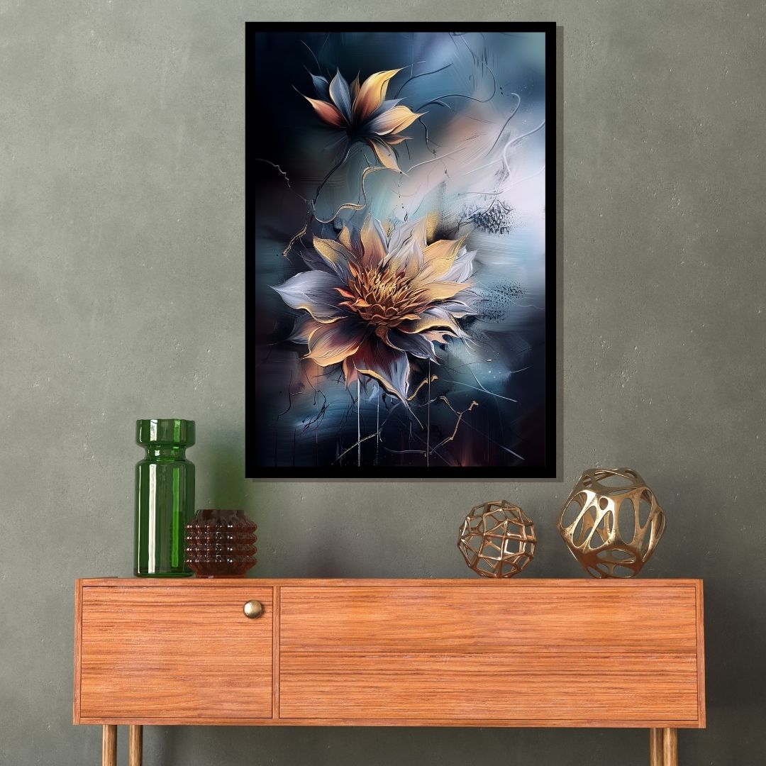 “Moonlit Blossom” by ArtixHub – expressive floral canvas wall art in rich orange, blue, and white hues, capturing a dramatic bloom against a moody night-toned background, ideal for bedrooms, wellness spaces, or reading nooks. This painterly piece brings emotion and depth to UAE homes through bold brushwork and floral beauty.