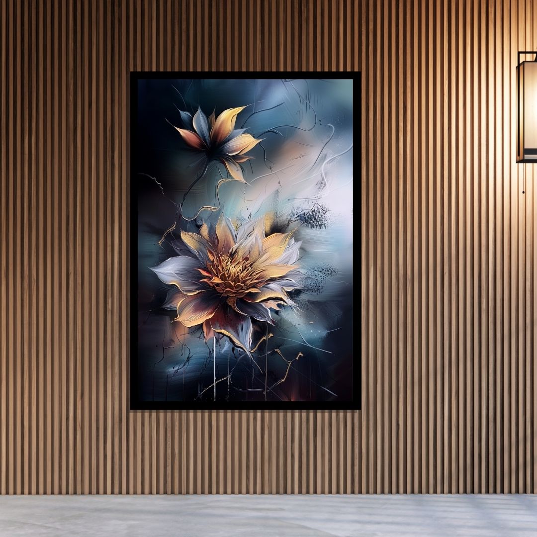 “Moonlit Blossom” by ArtixHub – expressive floral canvas wall art in rich orange, blue, and white hues, capturing a dramatic bloom against a moody night-toned background, ideal for bedrooms, wellness spaces, or reading nooks. This painterly piece brings emotion and depth to UAE homes through bold brushwork and floral beauty.
