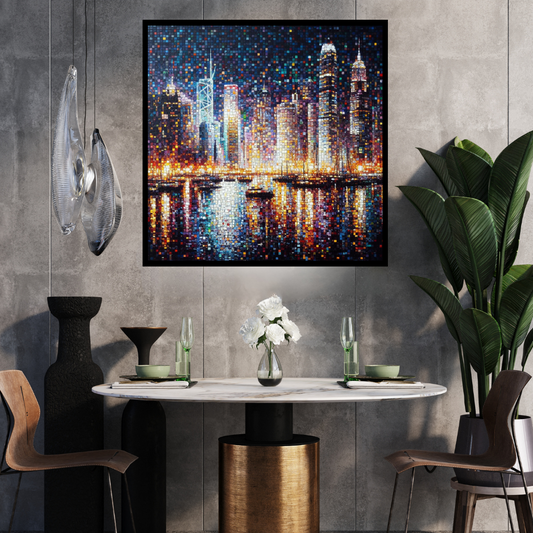 “Mosaic Mirage” by ArtixHub – abstract canvas wall art featuring a patchwork of colorful, tile-like patterns in vibrant teal, orange, yellow, and navy, ideal for studios, game rooms, or dining spaces. This eclectic composition adds personality and cultural flair to UAE homes that embrace vibrant, artistic storytelling.
